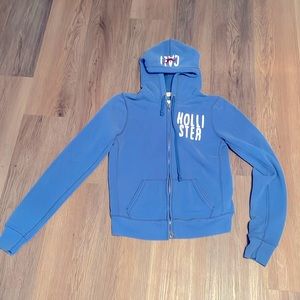 Hollister zip up jacket, blue, junior size large